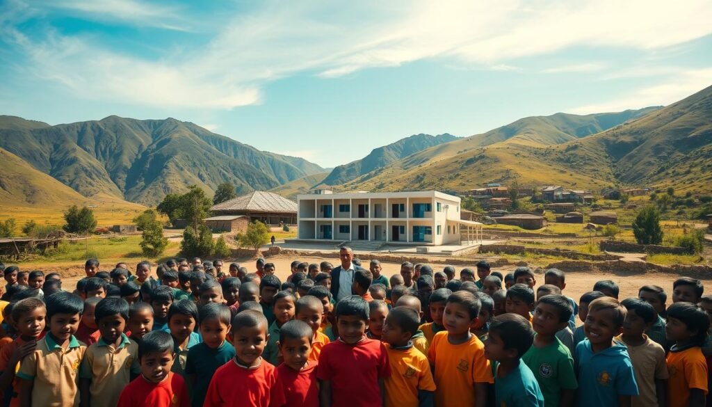 A bustling schoolyard in a remote, rugged region, surrounded by lush, rolling hills and a clear blue sky. In the foreground, a group of eager students in vibrant uniforms gather around a teacher, their faces brimming with curiosity and determination. In the middle ground, a modern, well-equipped school building stands tall, its architecture blending seamlessly with the natural landscape. The background is dotted with traditional dwellings, reflecting the unique cultural heritage of the community. Warm, diffused lighting casts a sense of hope and opportunity, underscoring the unwavering commitment to expanding educational access in this underserved region.