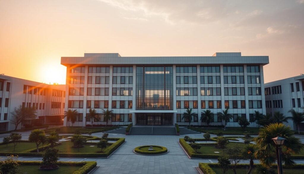A grand, modern campus building with a sleek, contemporary architectural design. The Institut Teknologi PLN stands tall, its minimalist facades of glass and steel gleaming under the warm, golden afternoon sun. Manicured gardens and lush greenery surround the structure, creating a serene, inviting atmosphere. The building's clean lines and symmetrical layout suggest a focus on functionality and efficiency, reflecting the institution's commitment to technological education. Strategically placed windows allow natural light to flood the interior spaces, creating a bright, airy ambiance. The overall impression is one of sophistication, innovation, and academic excellence - a fitting backdrop for the prestigious APERTI BUMN scholarship program.