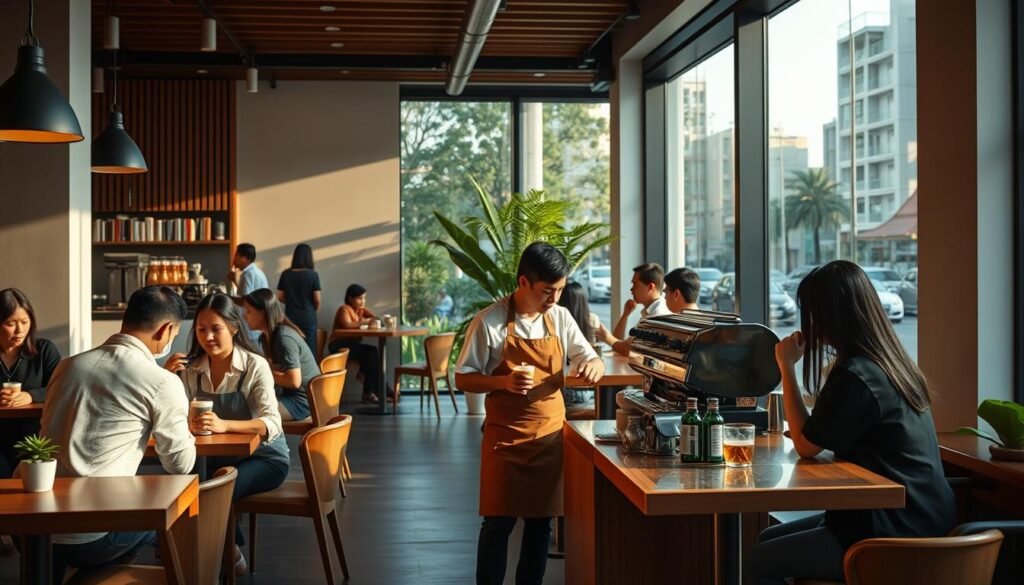 A modern coffee shop nestled in a vibrant urban setting, its sleek and minimalist design exuding a contemporary ambiance. The large windows allow natural light to flood the space, casting a warm glow on the wooden furnishings and earth-toned accents. Patrons sip on frothy cappuccinos and aromatic lattes, their conversations punctuated by the gentle hum of the espresso machine. The barista, clad in a crisp apron, expertly crafts each beverage, showcasing the rich, velvety texture of the locally sourced Gula Aren sugar. The overall atmosphere is one of relaxation and community, where the aroma of freshly brewed coffee and the welcoming decor invite visitors to linger and savor the modern interpretation of a traditional Indonesian coffee experience.