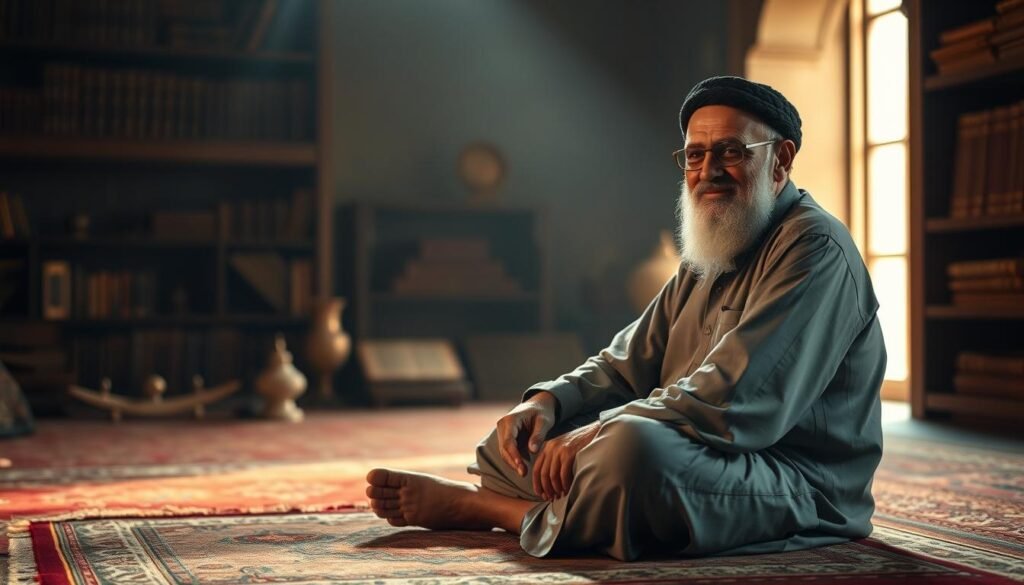 A serene Arabic man, Muhammad Abduh's father, sits cross-legged on a prayer rug in a tranquil, dimly lit room. Soft, warm lighting illuminates his weathered face and kind expression as he engages with his community, offering counsel and guidance. In the background, shelves of ancient texts and religious artifacts hint at his role as a respected Islamic scholar. The scene conveys a sense of wisdom, devotion, and the lasting impact a father can have on shaping his son's intellectual and spiritual journey.