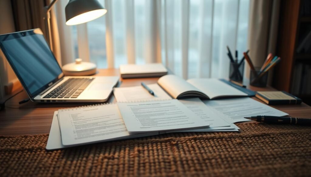 A serene study desk situated in a cozy home office, with a laptop, open notebook, and assortment of stationery items. Warm lighting from a desk lamp casts a soft glow, creating an atmosphere of focus and contemplation. In the foreground, various documents and forms are neatly organized, representing the "persyaratan beasiswa pertukaran" or the requirements for a student exchange scholarship program. The middle ground features a tactile, earthy texture, such as a wooden surface or natural fiber rug, to ground the scene. The background subtly blurs into a tranquil, domestic setting, conveying a sense of comfort and productivity. The overall mood is one of diligence, attention to detail, and the pursuit of educational opportunities.