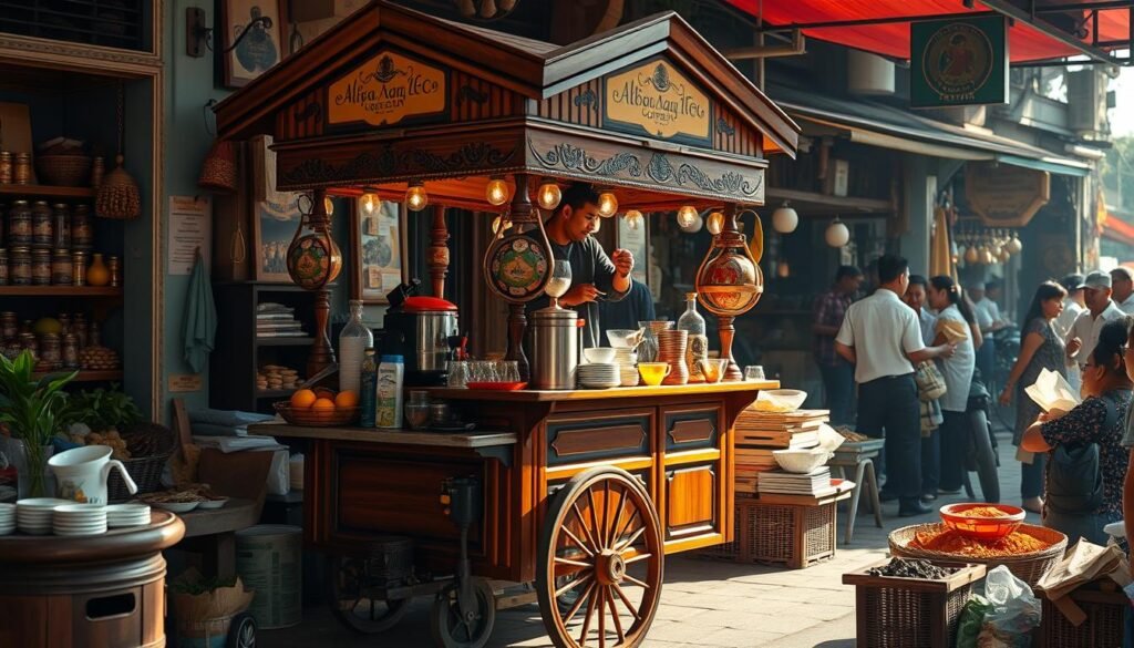 A traditional Indonesian coffee cart, known as "gerobak kopi tradisional," stands in a bustling street market. The cart's intricate woodwork and vibrant colors create a visually striking scene, reflecting the rich cultural heritage of Indonesian coffee culture. The vendor, dressed in traditional garments, skillfully brews and serves aromatic cups of coffee to eager customers. Warm natural lighting filters through the scene, casting a cozy and inviting atmosphere. The cart is surrounded by an array of local produce, spices, and other market stalls, adding to the lively and authentic feel of the setting. The overall composition captures the unique charm and character of this traditional coffee experience, perfectly suited to illustrate the "Keunikan Desain dan Nuansa Google Doodle" section of the article.