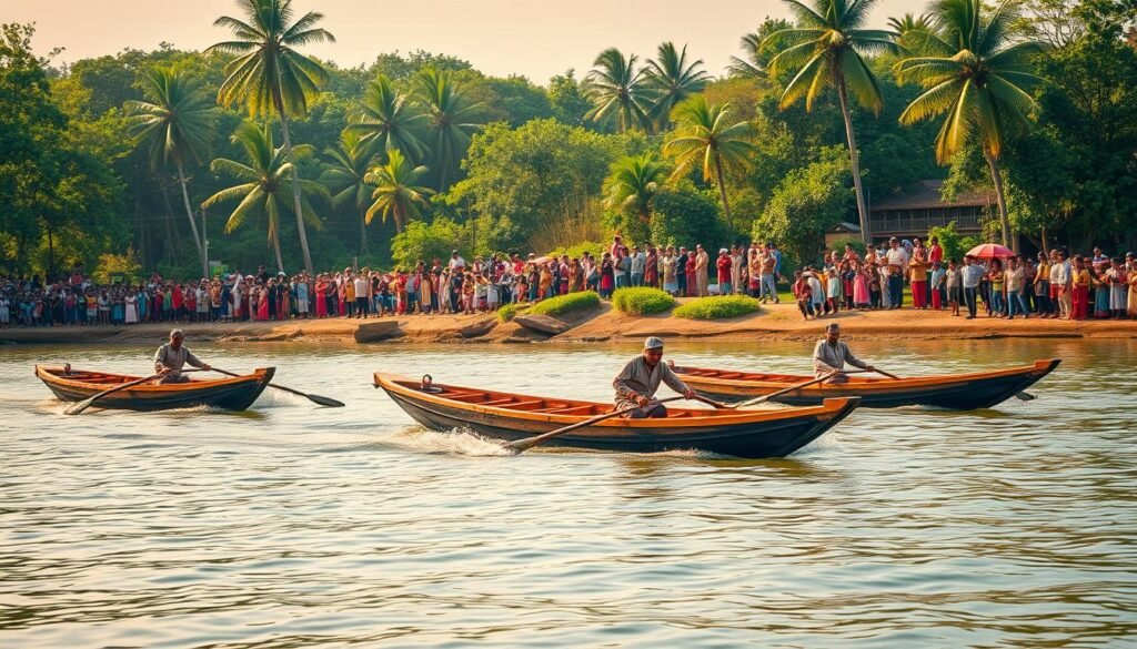 A vibrant scene of the traditional Pacu Jalur boat race, set against the backdrop of a lush, verdant riverbank. In the foreground, two sleek, hand-carved wooden boats glide swiftly across the tranquil waters, their crews expertly maneuvering the oars in a display of skill and coordination. The middle ground is filled with spectators lining the shore, their vibrant traditional garments and expressions of excitement creating a sense of community and cultural celebration. In the distance, the riverbanks are dotted with towering palm trees and lush foliage, casting dappled shadows and lending an atmospheric, tropical ambiance to the scene. The lighting is warm and golden, capturing the energy and vibrancy of this iconic Malay tradition as it transitions from a local cultural practice to a globally recognized symbol of cultural heritage.
