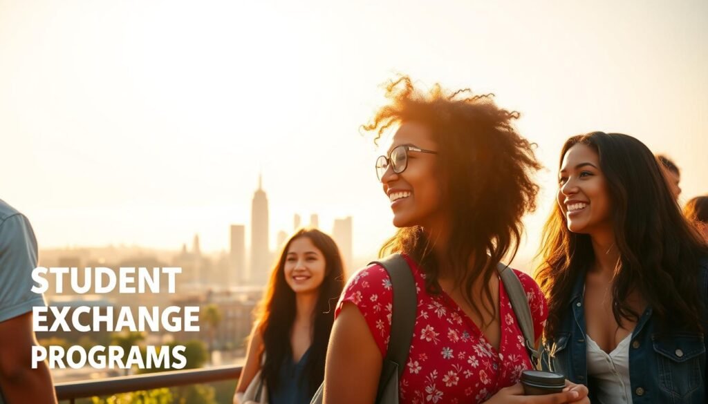 A vibrant, sun-drenched scene showcasing the benefits of student exchange programs. In the foreground, a diverse group of young adults engage in lively conversation, their faces alight with the joy of new cross-cultural connections. In the middle ground, a picturesque city skyline with iconic landmarks hints at the global reach of these programs. The background is bathed in a warm, golden glow, evoking a sense of opportunity and personal growth. The composition is dynamic, with clean lines and a harmonious balance of elements, conveying the transformative power of international educational experiences.