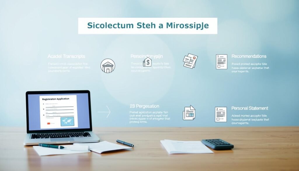 A well-lit, professional-looking infographic showing the step-by-step registration process for a scholarship program. The foreground features a laptop screen displaying an online application form, surrounded by neatly organized documents, a pen, and a calculator. The middle ground showcases icons and illustrations representing the key requirements, such as academic transcripts, recommendation letters, and personal statements. The background has a soft, blurred gradient in shades of blue and green, creating a calming, educational atmosphere. The overall composition conveys a sense of structure, attention to detail, and a welcoming, informative tone for prospective scholarship applicants.