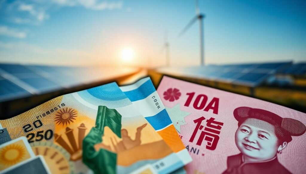 Argentine peso and Chinese yuan currency with energy infrastructure in background