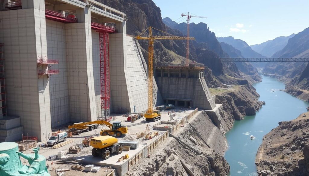 Construction of the Condor Cliff dam on Santa Cruz River in Argentina Construction of the Condor Cliff dam on Santa Cruz River in Argentina