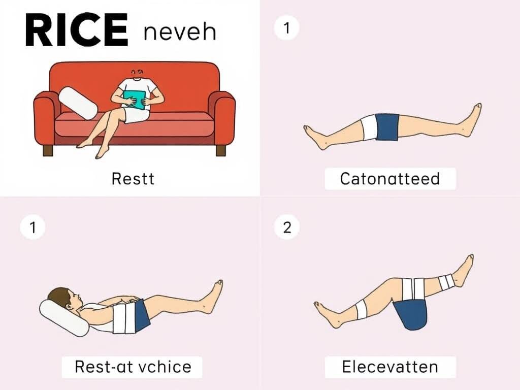 Ilustrasi metode RICE untuk mengatasi ketidaknyamanan saat memulai kembali olahraga setelah pemulihan panjang atau cedera Ilustrasi metode RICE untuk mengatasi ketidaknyamanan saat memulai kembali olahraga setelah pemulihan panjang atau cedera