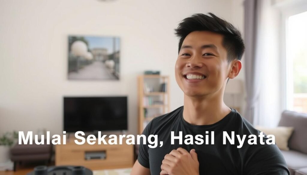 Seseorang melakukan latihan bodyweight di rumah dengan semangat Seseorang melakukan latihan bodyweight di rumah dengan semangat