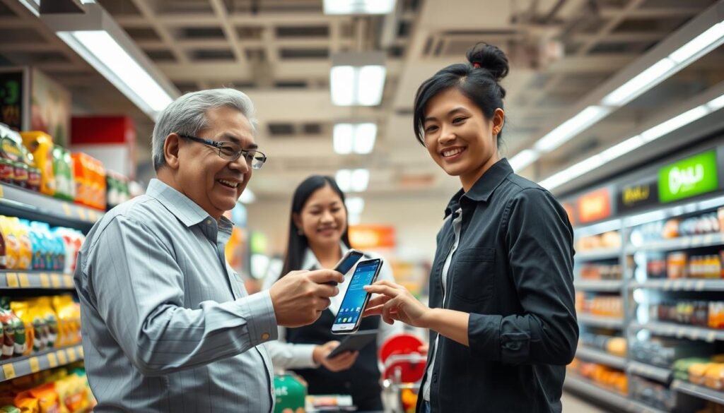 A bustling minimarket interior focused on a cashier station where a customer is topping up their e-money balance. In the foreground, a mid-aged man in smart casual attire stands in front of the cashier, handing over his smartphone which displays an e-money app. The cashier, a young woman in a professional shirt, is smiling attentively while processing the transaction. In the middle ground, shelves filled with snacks and beverages can be seen, highlighting the retail environment. The background features bright overhead lighting, creating a warm and inviting atmosphere with vibrant product displays. Capture the scene from a slightly elevated angle to emphasize the interaction between the customer and cashier, conveying a sense of convenience and accessibility in modern payment methods.