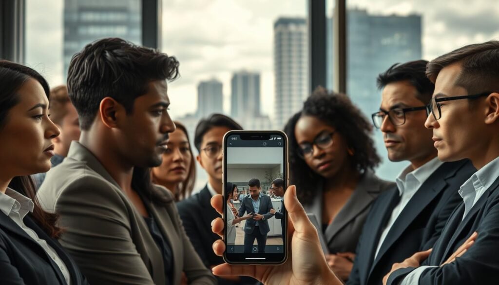 A contemplative scene depicting the psychological impact of a viral incident. In the foreground, a diverse group of individuals, dressed in professional business attire, engage in a serious discussion, showcasing a range of emotions such as concern and reflection. The middle ground features a soft-focus view of a smartphone displaying a still frame from the viral video, illustrating the connection between technology and public discourse. In the background, office buildings loom under a cloudy sky, symbolizing societal pressure and scrutiny. Natural light filters through a nearby window, creating a somber yet introspective atmosphere. Use a slight vignette to enhance the mood, focusing on the expressions of the individuals as they navigate the complex emotions surrounding the event.