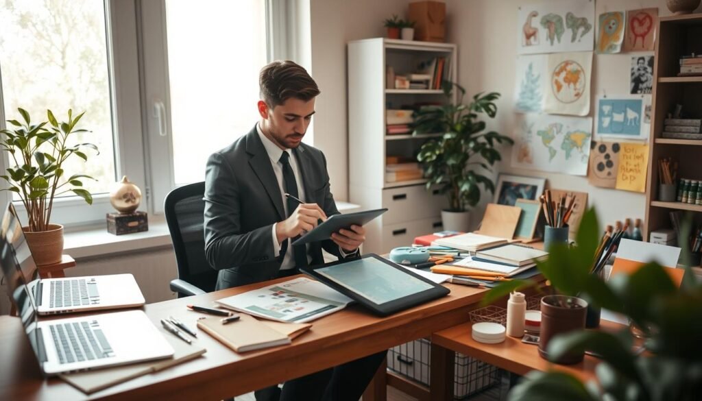 A cozy and inspiring home office environment, featuring a creative workspace adorned with art supplies, a laptop, colorful sketches, and a potted plant. In the foreground, a person wearing professional business attire is intently working on a digital tablet, showcasing their artistic skills. In the middle ground, a desk cluttered with various creative tools, including paintbrushes, markers, and notebooks, enhances the atmosphere of creativity. The background depicts a well-lit room with soft natural light streaming through a large window, illuminating the workspace and creating a warm, inviting mood. The overall scene conveys a sense of productivity, inspiration, and the possibilities of creative side jobs. Capture this image from a slightly elevated angle to emphasize the workspace's organization and the individual's focus.