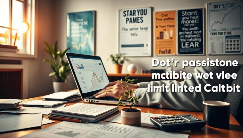 A cozy home office scene featuring a person in professional business attire analyzing financial charts on a laptop. In the foreground, display a desk cluttered with notes, a notepad filled with ideas, and a small plant symbolizing growth. The middle ground reveals a wall with inspirational posters about financial independence. The background should feature a window with warm, natural light streaming in, creating a bright and inviting atmosphere. Elements like a coffee cup and a calculator on the desk add to the professional mood. Capture a perspective from slightly above to emphasize the activity at the desk while ensuring the overall tone is motivational and focused on the concept of starting passive income with limited capital.