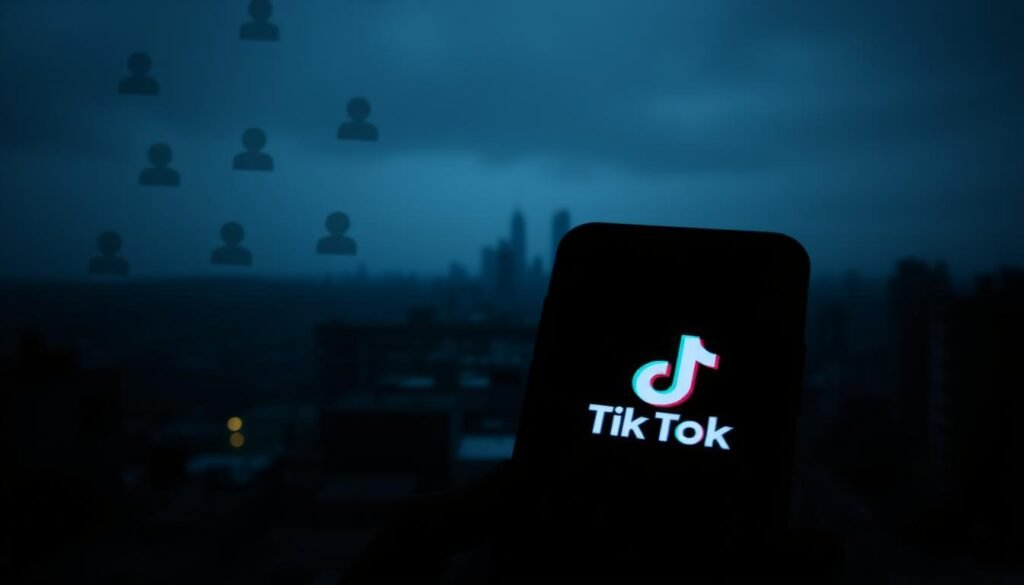 A digital artwork depicting the concept of a "shadow ban" on TikTok. In the foreground, a smartphone displays the TikTok app interface with a visibly dimmed screen and a shadowy effect, symbolizing restricted access. The middle ground features abstract representations of social media connections, such as faded user icons and muted notifications, suggesting decreased visibility. In the background, a subtle urban landscape fades into darkness, creating a sense of isolation. The lighting is dim, reflecting a gloomy atmosphere of frustration and uncertainty. The image is captured from a slight angle, enhancing the feeling of depth. Overall, the mood conveys the challenges and duration of a TikTok shadow ban in a visually engaging manner.