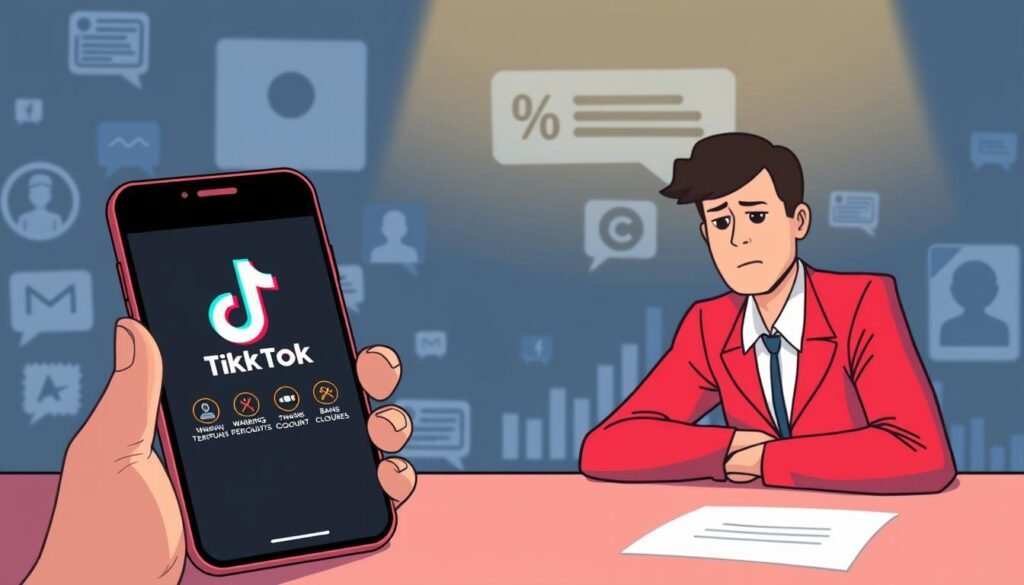 A digital illustration depicting the concept of escalating penalties on TikTok. In the foreground, a smartphone displays the TikTok logo, with icons representing different sanctions such as warnings, temporary bans, and permanent account closures. In the middle ground, a concerned individual in professional attire, sitting at a desk, observes the phone with a frown, depicting the emotional impact of shadowbans. The background features a stylized representation of social media, with abstract graphics illustrating analytics and engagement metrics fading away. Soft, focused lighting highlights the smartphone, while the rest of the scene is in cooler, muted tones to evoke a serious atmosphere. The overall mood conveys concern and the importance of understanding digital consequences.