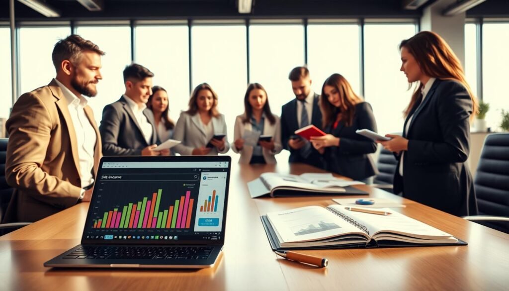 A diverse group of professionals, dressed in smart business attire, gathered around a modern conference table, reviewing printed portfolios and digital devices. In the foreground, a sleek laptop displays vibrant graphs illustrating side income strategies. The middle ground features open portfolio binders showcasing resumes and project samples, while a notepad with handwritten notes lies beside them. The background shows a bright, contemporary office with large windows letting in natural light, casting soft shadows. The atmosphere is collaborative and focused, with warm tones enhancing a sense of productivity and creativity. Capture this scene from a slightly elevated angle to emphasize the interactive discussion among the professionals.