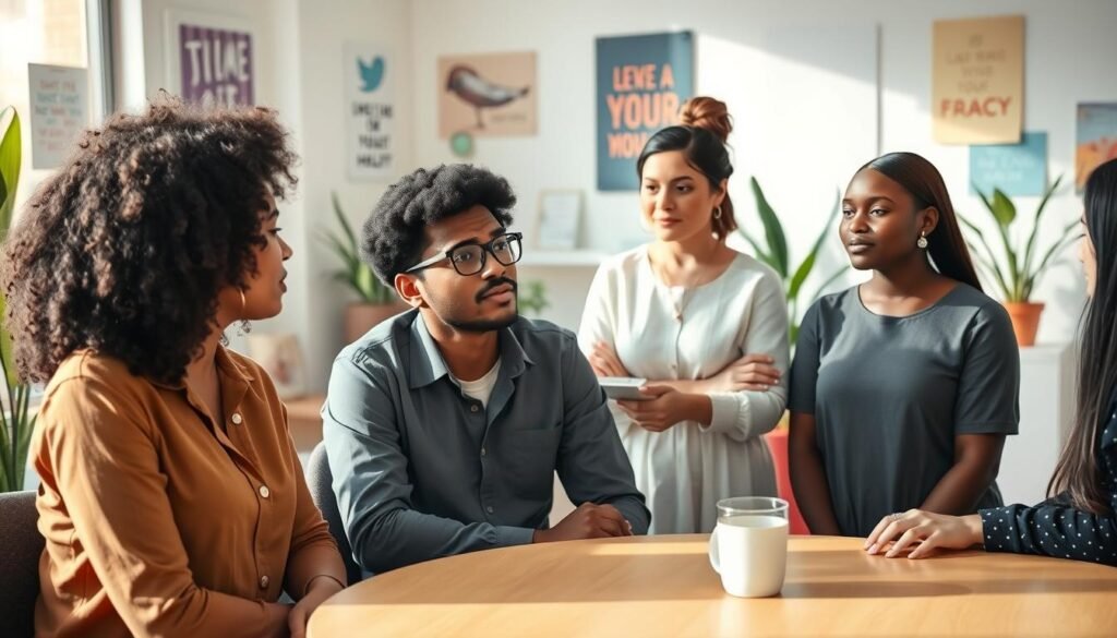 A diverse group of young adults engaged in a discussion about mental health, showcasing emotions of concern, hope, and support. In the foreground, three individuals sit at a round table; a woman with short curly hair in professional attire, a man with glasses wearing a casual shirt, and a woman with long hair in a modest dress. In the middle ground, a therapist, an older woman in business casual, listens attentively, providing guidance. The background features a bright, inviting workspace with plants and motivational posters. Soft, natural light illuminates the scene, creating a warm and encouraging atmosphere. The composition conveys a sense of connection and support among peers, emphasizing the importance of addressing mental health challenges in today's world.