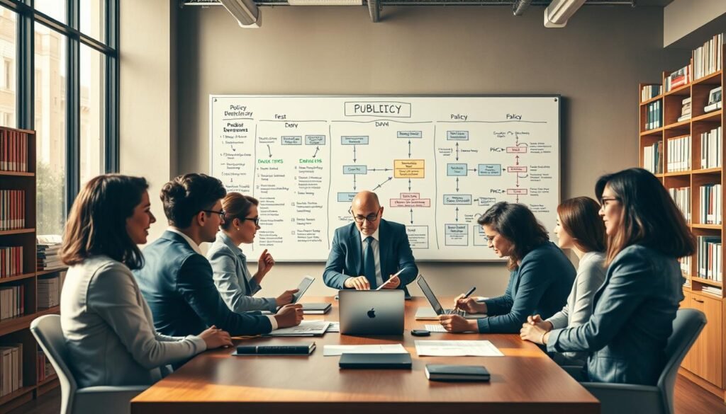 A dynamic scene depicting the public policy-making process, centered in an office environment. In the foreground, a diverse group of professionals in business attire gathered around a conference table, engaged in passionate discussion. They are analyzing documents and using laptops, showcasing collaboration and brainstorming. The middle layer features a large whiteboard filled with diagrams and flowcharts representing policy stages like problem identification, formulation, and evaluation. The background shows shelves filled with books on public policy, framed by large windows with natural light pouring in, creating a bright atmosphere. Soft shadows and warm lighting evoke a sense of focus and urgency, highlighting the importance of public policy decisions. The overall mood is professional, collaborative, and innovative.