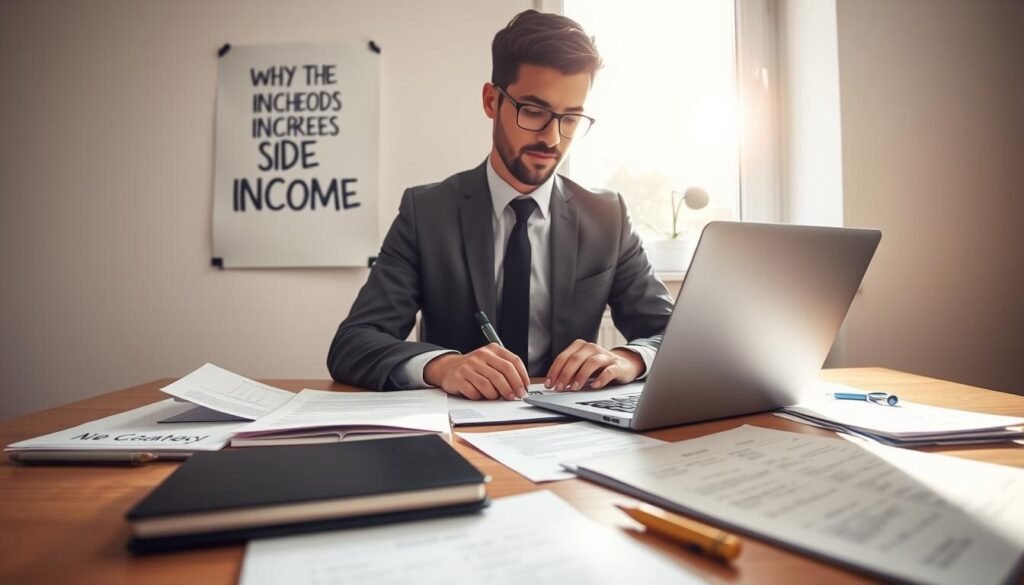 A focused scene depicting a professional workspace where a person, dressed in smart casual attire, is actively engaged in planning methods to increase side income. In the foreground, a desk filled with a laptop, financial documents, and a notepad showing brainstorming ideas. The middle ground features a motivational poster on the wall about achieving financial freedom. In the background, a window with soft sunlight streaming in, creating a warm atmosphere. The lighting is bright but natural, evoking a sense of inspiration and clarity. The overall mood is productive and encouraging, emphasizing consistency and growth in personal finances.