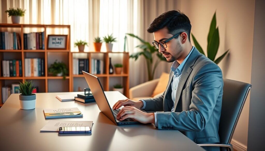 A modern home office scene focused on online freelance work, featuring a person in professional business attire sitting at a sleek desk with a laptop open. The foreground displays the individual engaging with the screen, with vibrant documents and a smartphone on the desk. In the middle ground, a cozy bookshelf filled with motivational books and indoor plants adds warmth. The background showcases a softly lit window with sheer curtains, letting in natural light that creates a calm, inviting atmosphere. The overall mood is productive and focused, capturing the essence of working online without investment. Use a warm color palette and a slightly blurred background to enhance depth and emphasize the subject.