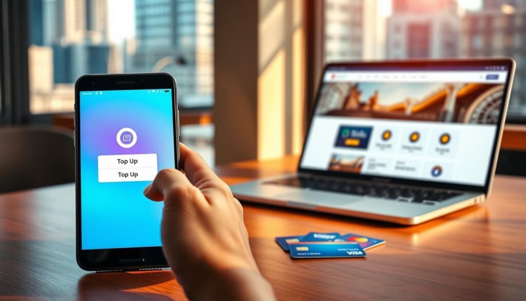 A modern smartphone displaying a vibrant e-money app interface, positioned on a sleek wooden desk. In the foreground, a hand interacts with the screen, highlighting a 'Top Up' button, symbolizing user engagement. The middle layer features a laptop open with a digital wallet website, along with various e-money cards neatly arranged, depicting the options available for topping up. In the background, a soft-focus urban setting through a window highlights a busy cityscape, enhancing the feeling of technological connectivity. Warm, natural lighting filters through, casting soft shadows and creating a professional atmosphere. The mood is optimistic and solution-oriented, reflecting a seamless experience in managing digital finances.