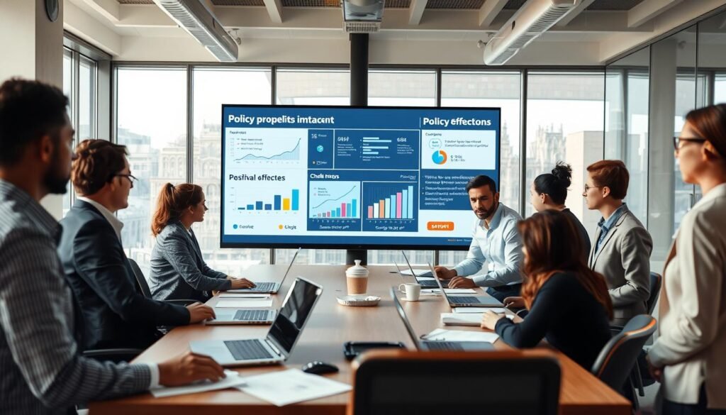 A professional setting depicting the impact of policy implementation. In the foreground, a diverse group of professionals in business attire engaged in a serious discussion around a conference table, with laptops and documents scattered about. In the middle, there's a large screen displaying graphs and statistics representing policy effects, highlighting both positive outcomes and challenges faced. The background features a modern office environment with large windows, letting in natural light that creates a bright, focused atmosphere. The scene conveys a mood of determination and collaboration, illustrating the complexities of public policy and its tangible effects on society. The lighting should be soft yet sufficient, shot at eye level with a slight depth of field to emphasize the professionals in the foreground.