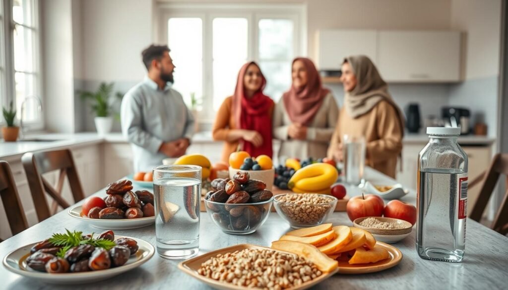 A serene and inviting kitchen scene focusing on healthy fasting tips. In the foreground, a beautifully arranged table features a variety of nutritious foods such as dates, fresh fruits, whole grains, and water, all artfully presented on colorful plates. In the middle ground, a diverse group of three people—two men and one woman—dressed in modest casual clothing, are engaged in friendly conversation about healthy eating during fasting. The background showcases a bright and airy kitchen with soft, natural lighting streaming through a window, enhancing the atmosphere of wellness and harmony. The mood is warm and encouraging, emphasizing health and community, ideal for illustrating optimal health tips for fasting.