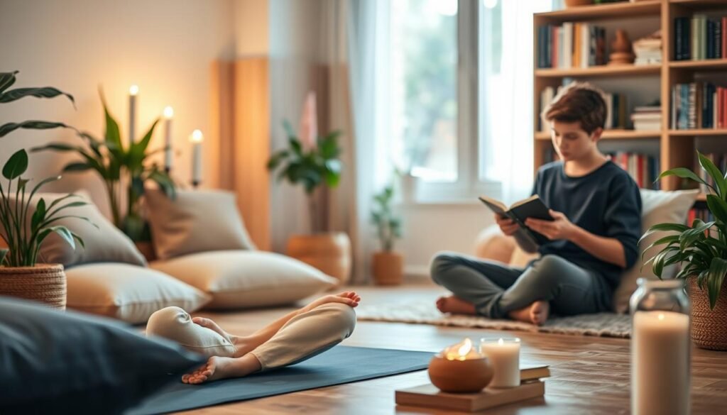A serene indoor space designed for relaxation and stress relief, featuring a cozy corner with soft cushions and plants. In the foreground, a teenage girl sits cross-legged on a yoga mat, practicing mindfulness, her expression calm and focused. Nearby, a teenage boy journals his thoughts, surrounded by calming elements like scented candles and a soothing diffuser. In the middle ground, a slightly blurred bookshelf filled with self-help books and journals emphasizes the supportive environment. The background reveals a window with soft natural light streaming in, illuminating the scene, creating a warm and inviting atmosphere. The overall mood is peaceful and reflective, promoting healthy coping mechanisms for stress management.