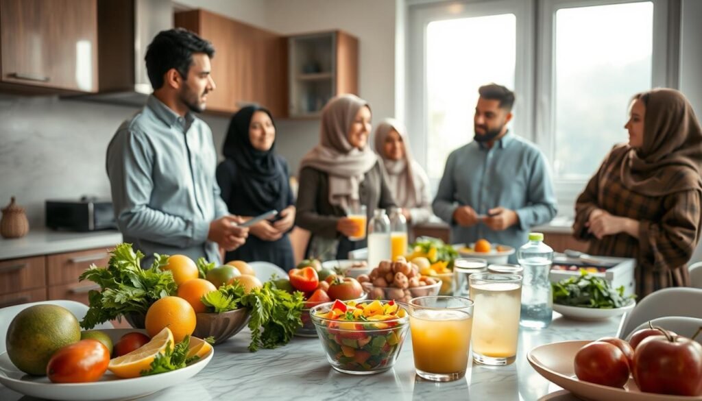 A serene kitchen scene depicting a diverse group of individuals, dressed in professional attire, preparing a healthy Iftar meal. In the foreground, a table is filled with vibrant fruits, fresh salads, and nourishing drinks, symbolizing health during fasting. The middle ground showcases individuals discussing meal planning and hydration tips, emphasizing the importance of balanced nutrition during Ramadan. In the background, soft daylight filters through large windows, creating a warm and inviting atmosphere. The overall mood is caring and proactive, representing mindfulness and awareness in maintaining health while fasting. Focused lighting highlights the food and the engaged faces of the individuals, capturing a moment of community and health consciousness.