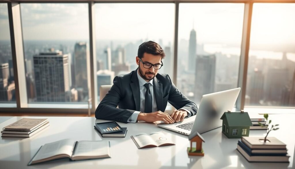 A serene office setting with a large window showing a sprawling cityscape in the background, symbolizing financial success. In the foreground, a professional-looking person in smart business attire sits at a sleek desk, focused on a laptop displaying charts and graphs illustrating passive income strategies. Surrounding the desk are elements representing various income streams: books about investing, rental properties like a miniature house model, and a small plant symbolizing growth. Soft, natural lighting filters through the window, creating a calm and positive atmosphere. The angle is slightly above eye level, capturing the determination and inspiration of the individual engaged in building a sustainable financial future.