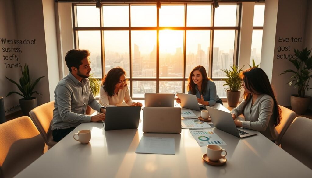 A vibrant and dynamic workspace symbolizing modern business strategies in Indonesia. In the foreground, a diverse group of three professionals, a man and two women, engaged in a brainstorming session around a sleek, contemporary table filled with laptops, charts, and coffee cups. They are dressed in smart casual attire, representing a blend of creativity and professionalism. In the middle ground, large windows filter in warm sunlight, showcasing a bustling cityscape beyond, hinting at opportunity and innovation. The background features inspirational quotes on the walls and potted plants for a touch of greenery. The atmosphere is energetic and collaborative, with a focus on teamwork and strategy formulation, captured in a slightly angled shot that adds depth and an inviting feel to the scene.
