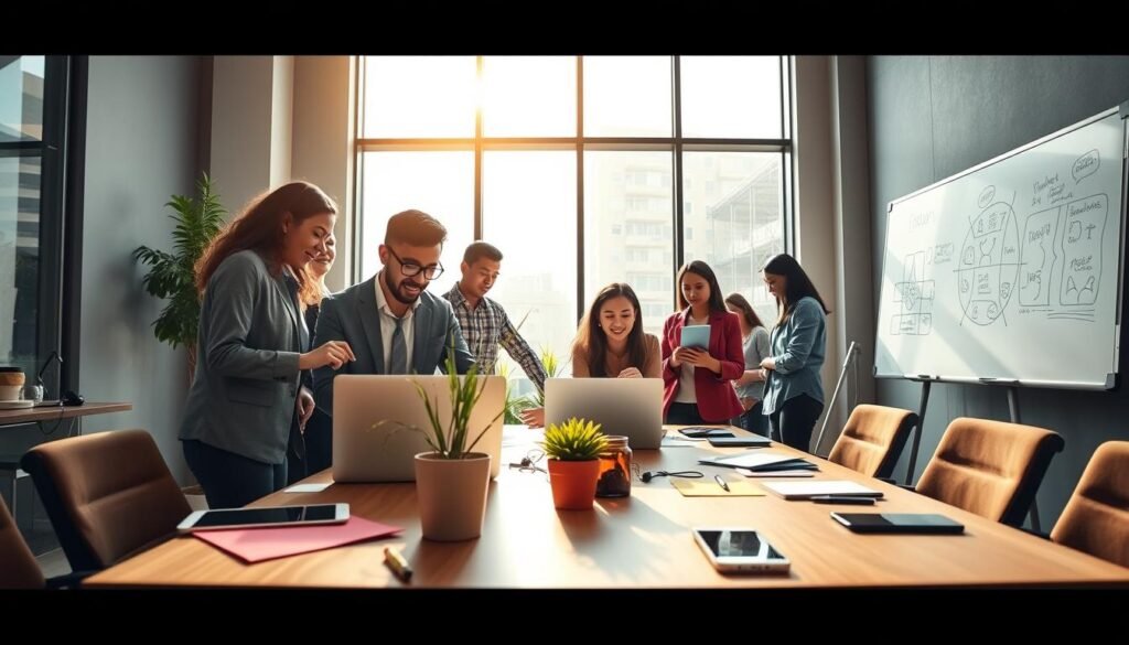 A vibrant and modern workspace featuring a diverse group of young professionals collaborating on innovative business ideas. In the foreground, a man and a woman, both dressed in professional business attire, are energetically discussing over a laptop, surrounded by colorful notepads and a whiteboard filled with sketches. The middle ground showcases a stylish meeting table with tech gadgets like tablets and smartphones, along with a potted plant adding a touch of greenery. In the background, large windows let in warm, natural sunlight, creating a bright and inviting atmosphere. The mood is energetic and hopeful, conveying the essence of contemporary and promising business ideas in Indonesia. Use a wide-angle lens to capture the dynamic setting and emphasize the collaborative spirit.